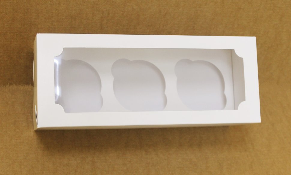Коробка для 3 капкейков 25*10*10 с окном, белая
