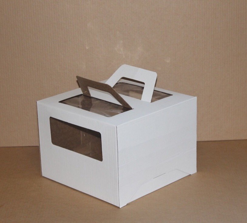 Коробка для торта 28*28*20см с окном и ручками, белая